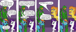 Size: 900x379 | Tagged: safe, artist:thet7770ify, derpibooru import, rainbow dash, rarity, spitfire, pegasus, pony, unicorn, comic:master chief and luna hanging out, armor, artifact, crossover, dialogue, female, halo (series), it came from deviantart, male, mare, master chief, misspelling, speech bubble, wat