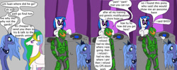 Size: 900x360 | Tagged: safe, artist:thet7770ify, derpibooru import, dj pon-3, princess celestia, princess luna, vinyl scratch, alicorn, pony, unicorn, comic:master chief and luna hanging out, armor, artifact, crossover, dialogue, female, halo (series), it came from deviantart, jewelry, male, mare, master chief, misspelling, s1 luna, shocked, speech bubble, text, tiara, wat