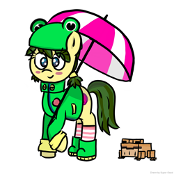 Size: 2048x2048 | Tagged: safe, artist:super-dead, derpibooru import, earth pony, frog, pony, blushing, boots, clothes, female, frog costume, minecraft, ponified, rana, shoes, simple background, socks, solo, striped socks, umbrella, white background