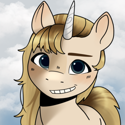 Size: 2048x2048 | Tagged: safe, artist:daisy_marshmallow, derpibooru import, oc, oc only, unicorn, horn, looking at you, profile picture, sky background, smiling, smiling at you, solo, unicorn oc