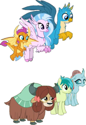 Size: 510x737 | Tagged: safe, artist:pascalmulokozi2, derpibooru import, edit, edited screencap, screencap, gallus, ocellus, sandbar, silverstream, smolder, yona, changeling, dragon, earth pony, griffon, hippogriff, pony, yak, uprooted, background removed, bow, cloven hooves, cute, diaocelles, diastreamies, dragon wings, eyebrows, female, flying, gallabetes, group, hair bow, jewelry, male, monkey swings, necklace, not a vector, sandabetes, sextet, simple background, smiling, smolderbetes, spread wings, stallion, student six, transparent background, wings, yonadorable