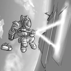 Size: 1280x1280 | Tagged: safe, artist:captainhoers, derpibooru import, oc, oc only, earth pony, pony, grayscale, monochrome, solo, space, spacesuit, weapon