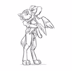 Size: 3000x3000 | Tagged: safe, artist:captainhoers, derpibooru import, oc, oc only, anthro, digitigrade anthro, griffon, amputee, duo, duo male and female, female, grayscale, griffon oc, looking at each other, looking at someone, looking into each others eyes, male, monochrome, oc x oc, shipping, simple background, white background