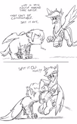 Size: 2500x4000 | Tagged: safe, artist:captainhoers, derpibooru import, oc, oc only, griffon, parasprite, 2 panel comic, comic, dialogue, duo, grayscale, griffon oc, monochrome, open mouth, simple background, white background