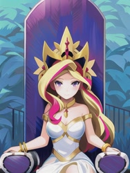 Size: 512x682 | Tagged: safe, derpibooru import, generator:novelai, generator:stable diffusion, machine learning generated, sunset shimmer, human, bare shoulders, beautiful, clothes, crown, dress, humanized, jewelry, looking at you, regalia, sitting, throne