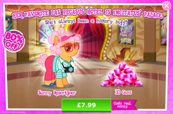 Size: 1966x1297 | Tagged: safe, derpibooru import, butterscotch sweets, earth pony, pony, advertisement, background character, background pony, camera, clothes, costs real money, english, female, gameloft, gem, glasses, mare, numbers, official, pants, sale, shirt, solo, solo focus, text