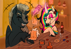 Size: 873x607 | Tagged: safe, derpibooru import, oc, oc only, pegasus, pony, unicorn, fallout equestria, alcohol, ashtray, cigarette, curved horn, drinking, fangs, horn