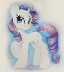 Size: 920x1046 | Tagged: safe, artist:melodylibris, derpibooru import, rarity, pony, unicorn, colored pencil drawing, female, horn, mare, raised hoof, raised leg, solo, traditional art