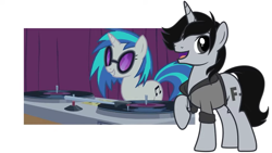 Size: 1366x768 | Tagged: safe, artist:tiredhorsestudios, derpibooru import, screencap, dj pon-3, vinyl scratch, oc, oc:eff i am, pony, unicorn, curtains, female, glasses, looking at you, male, raised hoof, raised leg, record player, solo focus, vinyl's glasses, youtube, youtube link