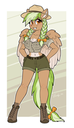 Size: 1832x3128 | Tagged: safe, artist:dandy, derpibooru import, oc, oc only, oc:sylvia evergreen, anthro, pegasus, unguligrade anthro, anthro oc, belt, belt buckle, boots, braid, braided pigtails, chest fluff, clothes, ear fluff, ears, eye clipping through hair, female, freckles, hair tie, hat, looking at you, mare, midriff, pegasus oc, pigtails, ranger, shoes, short shirt, shorts, smiling, solo, uniform, wings