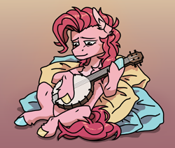 Size: 3300x2800 | Tagged: safe, artist:mookaoo, derpibooru import, pinkie pie, earth pony, pony, friendship is witchcraft, banjo, bard, bard pie, colored hooves, fantasy class, female, gypsy bard, gypsy pie, mare, musical instrument, pillow, solo