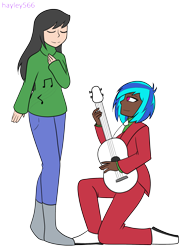 Size: 2131x2862 | Tagged: safe, artist:hayley566, artist:icicle-wicicle-1517, color edit, derpibooru import, edit, dj pon-3, octavia melody, vinyl scratch, human, collaboration, acoustic guitar, boots, christmas, clothes, coat, colored, cute, dark skin, denim, duo, female, guitar, holiday, humanized, jeans, kneeling, lesbian, music notes, musical instrument, necktie, pants, scratchtavia, shipping, shirt, shoes, simple background, suit, sweater, tavibetes, transparent background, vest, vinylbetes