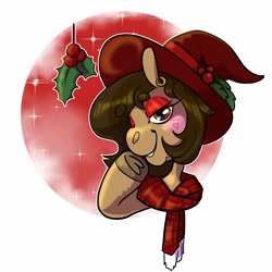 Size: 4096x4096 | Tagged: safe, artist:roseanon4, derpibooru import, oc, oc only, oc:hazelnut brew, bedroom eyes, christmas, clothes, hat, holiday, holly, holly mistaken for mistletoe, looking at you, santa hat, scarf, simple background, solo, white background, witch, witch hat