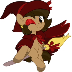 Size: 5005x5000 | Tagged: safe, artist:jhayarr23, derpibooru import, oc, oc only, oc:hazelnut brew, pegasus, pony, broom, commission, ear piercing, earring, eyeshadow, hat, jewelry, looking at you, makeup, one eye closed, pegasus oc, piercing, simple background, sitting, solo, transparent background, wink, witch, witch hat, ych result