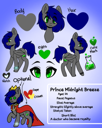 Size: 2000x2500 | Tagged: safe, artist:dubby doodles, derpibooru import, oc, oc:mb midnight breeze, pegasus, pony, accessories, blue mane, cape, clothes, commission, crown, cute, gray coat, green eyes, heart, jewelry, reference sheet, regalia, simple background, watch, wristwatch