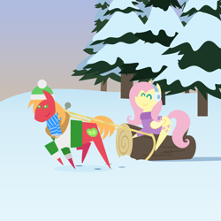 Size: 2160x2160 | Tagged: safe, anonymous artist, derpibooru import, big macintosh, fluttershy, earth pony, pegasus, pony, series:fm holidays, series:hearth's warming advent calendar 2022, advent calendar, christmas, clothes, cute, duo, earmuffs, eyes closed, female, fluttermac, hat, high res, holiday, lineless, log, male, mare, pointy ponies, pulling, scarf, shipping, shyabetes, snow, stallion, straight, striped scarf, sweater, tree, winter, yule log