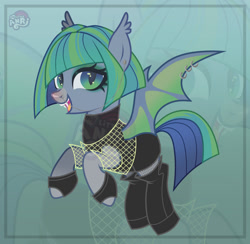 Size: 1280x1250 | Tagged: safe, artist:emperor-anri, derpibooru import, oc, oc only, bat pony, pony, bat pony oc, bat wings, clothes, eyelashes, female, fishnet stockings, mare, slit eyes, smiling, socks, solo, wings, zoom layer