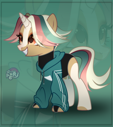 Size: 1280x1434 | Tagged: safe, artist:emperor-anri, derpibooru import, oc, oc only, pony, unicorn, clothes, eye clipping through hair, eyelashes, female, grin, hoodie, horn, makeup, mare, smiling, solo, unicorn oc, zoom layer