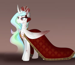 Size: 1280x1107 | Tagged: safe, artist:emperor-anri, derpibooru import, oc, oc only, alicorn, pony, alicorn oc, cape, clothes, colored wings, crown, ethereal mane, eyebrows, female, frown, gradient wings, horn, jewelry, mare, regalia, scar, solo, unnamed oc, wings