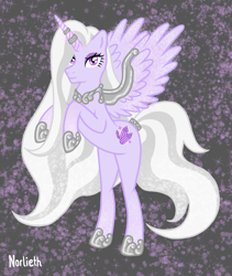 Size: 1525x1806 | Tagged: safe, derpibooru import, oc, oc only, alicorn, pony, alicorn oc, armor, crystal, eyelashes, female, horn, jewelry, long hair, long tail, magic, necklace, rearing, simple background, solo, spread wings, tail, wings