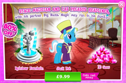 Size: 1957x1301 | Tagged: safe, derpibooru import, jack pot, pony, unicorn, advertisement, bowtie, clothes, costs real money, english, fountain, gameloft, gem, hat, horn, male, numbers, official, sale, solo, solo focus, stallion, statue, text, top hat