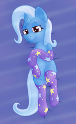 Size: 976x1592 | Tagged: safe, artist:xppp1n, trixie, unicorn, bed, bedroom eyes, female, looking at you, lying down, lying on bed, mare, on bed, socks, solo