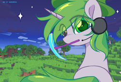 Size: 1877x1280 | Tagged: safe, artist:memengla, derpibooru import, oc, oc only, pony, unicorn, diamond pickaxe, headphones, headset, looking at you, looking back, looking back at you, microphone, minecraft, mouth hold, pickaxe, rear view, solo, sparkles, tool