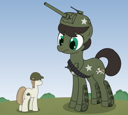 Size: 4000x3600 | Tagged: safe, artist:superderpybot, derpibooru import, tank, oc, oc only, earth pony, original species, pony, cap, hat, looking at each other, looking at someone, m4 sherman, macro, macro/micro, micro, ponified, ponified vehicle, sherman, sherman (tank), simple background, species swap, surprised, tank (vehicle), tank pony, transparent background