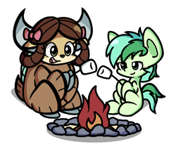 Size: 1640x1368 | Tagged: safe, artist:derp pone, derpibooru exclusive, derpibooru import, sandbar, yona, earth pony, pony, yak, chibi, cute, duo, duo male and female, earth, female, fire, food, holding, male, marshmallow, open mouth, shipping, simple background, sitting, straight, toasting marshmallows, white background, yonabar