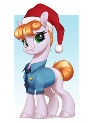 Size: 2430x3225 | Tagged: safe, artist:aquaticvibes, derpibooru import, copper top, earth pony, pony, christmas, clothes, female, hat, high res, holiday, looking at you, mare, necktie, police, police officer, police uniform, santa hat, shirt, smiling, smiling at you, solo