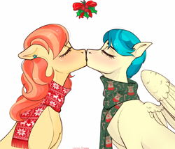 Size: 2100x1800 | Tagged: safe, artist:memes_froggay, derpibooru import, aunt holiday, auntie lofty, earth pony, pegasus, pony, canon ship, christmas, clothes, commission, duo, eyes closed, female, holiday, holly, holly mistaken for mistletoe, kiss on the lips, kissing, lesbian, lesbian couple, lofty day, scarf, shipping, simple background, white background, ych result