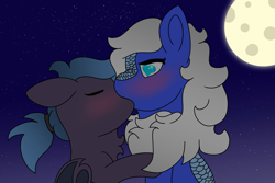 Size: 6000x4000 | Tagged: safe, artist:eminent entropy, derpibooru import, oc, oc only, oc:gemini, oc:soul silverleaf, bat pony, kirin, pony, bat pony oc, blushing, duo, female, kirin oc, kiss on the lips, kissing, male, moon, moonlight, night, night sky, oc x oc, shipping, sky, stars, straight