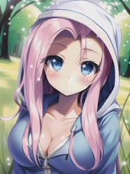 Size: 512x683 | Tagged: safe, derpibooru import, generator:novelai, generator:stable diffusion, machine learning generated, fluttershy, human, beautiful, big breasts, breasts, bust, forest background, hootershy, humanized, looking at you