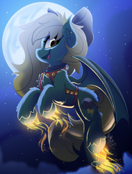 Size: 1900x2500 | Tagged: safe, artist:starcasteclipse, derpibooru import, oc, oc only, bat pony, pony, commission, flying, glowing, glowing hooves, harness, jingle bells, moon, smiling, solo, tack, ych result