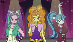 Size: 2887x1660 | Tagged: safe, artist:banquo0, derpibooru import, adagio dazzle, aria blaze, sonata dusk, human, equestria girls, arm behind head, belt, clothes, eyebrows, female, fingerless gloves, frown, gloves, pigtails, ponytail, raised arm, raised eyebrow, shirt, smiling, stage, the dazzlings, trio, twintails