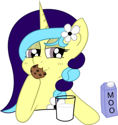 Size: 1942x2048 | Tagged: safe, artist:pingmader, derpibooru import, oc, oc only, oc:cinnamon string, pony, unicorn, bedroom eyes, braid, cookie, eating, female, flower, flower in hair, food, glass, glass of milk, horn, mare, milk, ponysona, simple background, solo, transparent background, two toned mane, unicorn oc
