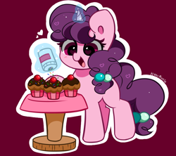 Size: 4421x3928 | Tagged: safe, artist:kittyrosie, derpibooru import, sugar belle, pony, unicorn, cupcake, cute, food, glowing, glowing horn, horn, open mouth, open smile, outline, simple background, smiling, solo, sprinkles, sugarbetes, white outline