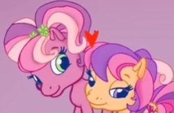 Size: 332x216 | Tagged: safe, derpibooru import, edit, edited screencap, screencap, cheerilee (g3), scootaloo (g3), earth pony, pony, g3.5, cheeriloo (g3), duo, female, heart, lowres, siblings, sisters