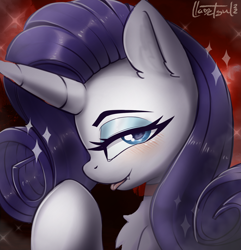 Size: 1362x1413 | Tagged: safe, artist:llametsul, derpibooru import, rarity, pony, unicorn, g4, blushing, chest fluff, colored, eyeshadow, fangs, looking at you, makeup, smiling, smiling at you, solo, tongue, tongue out