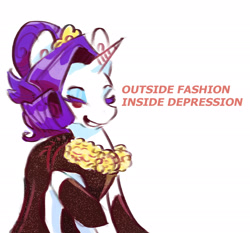 Size: 2048x1911 | Tagged: safe, artist:i-am-cholera, derpibooru import, rarity, pony, unicorn, caption, clothes, dissonant caption, dress, simple background, solo, text, white background