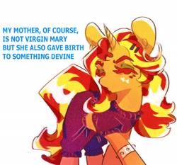 Size: 2048x1911 | Tagged: safe, artist:i-am-cholera, derpibooru import, sunset shimmer, pony, unicorn, caption, clothes, simple background, solo, text, white background