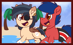 Size: 1920x1200 | Tagged: safe, artist:thebadbadger, derpibooru import, oc, oc only, oc:lunxeri, oc:phire demon, bat pony, pony, beach, clothes, duo, palm tree, swimsuit, tree