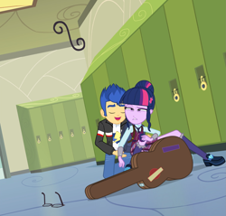 Size: 1839x1761 | Tagged: safe, derpibooru import, edit, edited screencap, screencap, flash sentry, sci-twi, twilight sparkle, equestria girls, friendship games, clothes, composite screencap, crystal prep academy uniform, guitar case, hair bun, lockers, magic capture device, missing accessory, school uniform, shirt, shoes, skirt, socks