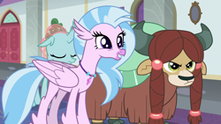Size: 1920x1080 | Tagged: safe, derpibooru import, screencap, ocellus, silverstream, yona, changedling, changeling, hippogriff, yak, school daze, season 8, spoiler:s08, 1080p, angry, cloven hooves, cute, diastreamies, ears, eyes closed, female, floppy ears, friendship student, jewelry, madorable, necklace, silverstream is amused, trio, trio female, unamused, varying degrees of amusement, varying degrees of want, yona is not amused, yonadorable