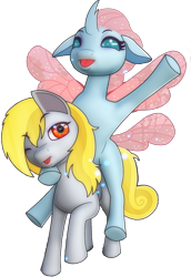 Size: 1694x2463 | Tagged: safe, artist:rainofbladess, derpibooru import, ocellus, oc, oc:lightning rider, changedling, changeling, pegasus, pony, 2023 community collab, derpibooru community collaboration, female, happy, looking at you, male, open mouth, ponies riding ponies, riding, riding a pony, simple background, smiling, spread wings, tongue, tongue out, transparent background, waving, wings