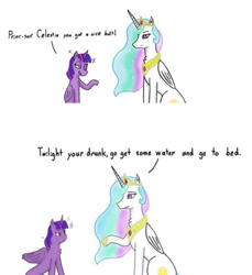 Size: 828x903 | Tagged: safe, artist:nismorose, derpibooru import, princess celestia, twilight sparkle, twilight sparkle (alicorn), alicorn, comic, crown, cutie mark, done with your shit, drunk, drunk bubbles, drunk twilight, ethereal mane, eyebrows, horn, jewelry, raised eyebrow, regalia, simple background, sparkly mane, speech, spread wings, talking, text, wavy mane, white background, wings