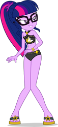Size: 2110x4627 | Tagged: safe, alternate version, artist:dustinwatsongkx, derpibooru import, sci-twi, twilight sparkle, human, better together, equestria girls, accessory swap, bare shoulders, bikini, bikini bottom, clothes, clothes swap, feet, female, glasses, missing accessory, no glasses, sandals, simple background, sleeveless, solo, sunset shimmer swimsuit, sunset shimmer's beach shorts swimsuit, swimsuit, swimsuit swap, transparent background, vector