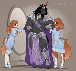 Size: 1000x933 | Tagged: safe, artist:evehly, derpibooru import, king sombra, oc, oc:marigold, oc:marigold (evehly), oc:mirabelle, anthro, earth pony, unguligrade anthro, unicorn, abs, armor, cape, clothes, coat markings, dappled, dress, dressing, earth pony oc, loincloth, male, male nipples, mirror, muscles, muscular male, nipples, nudity, sewing, tailor, unconvincing armor, unshorn fetlocks