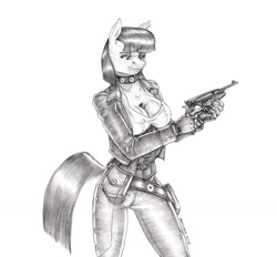 Size: 1349x1250 | Tagged: safe, artist:baron engel, derpibooru import, boulder (pet), maud pie, anthro, earth pony, anthrofied, belt, belt pouch, between breasts, breasts, choker, cleavage, clothes, corset, female, grayscale, gun, handgun, jacket, mare, maud pies, monochrome, open clothes, open jacket, pants, pencil drawing, pistol, shirt, solo, story in the source, story included, traditional art, weapon