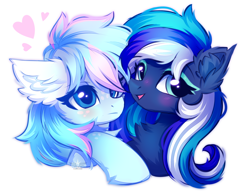 Size: 2000x1525 | Tagged: safe, artist:stormcloud, derpibooru import, oc, oc only, oc:dove lilac, oc:flaming dune, pegasus, pony, blue eyes, blushing, bust, chest fluff, cute, duo, duo female, ear fluff, ears, eyeshadow, female, floating heart, freckles, gift art, green eyes, heart, hug, looking at someone, looking away, love, makeup, mare, multicolored mane, open mouth, open smile, pegasus oc, portrait, shipping, shy, simple background, smiling, white background